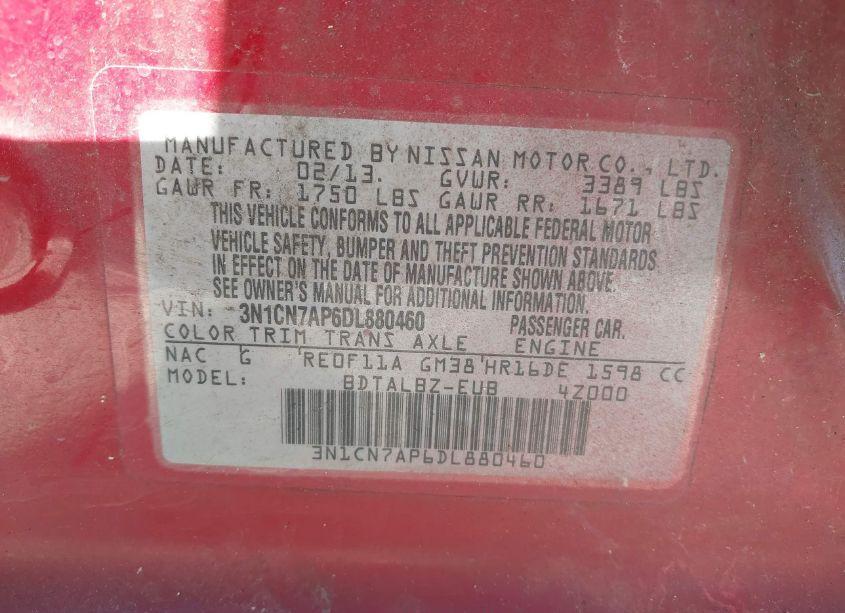 Photo 9 of 2013 Nissan Versa 1.6 SV (VIN 3N1CN7AP6DL880460)