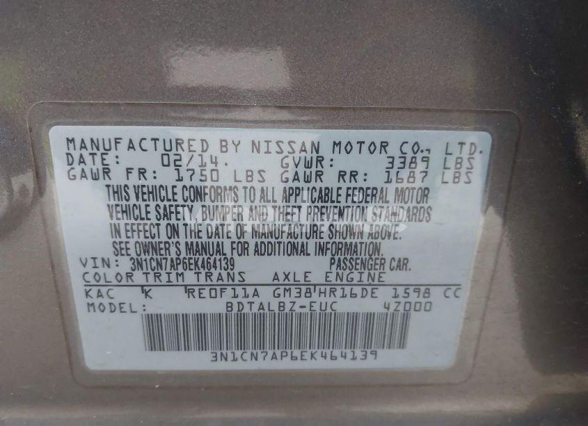Photo 9 of 2014 Nissan Versa 1.6 SV (VIN 3N1CN7AP6EK464139)