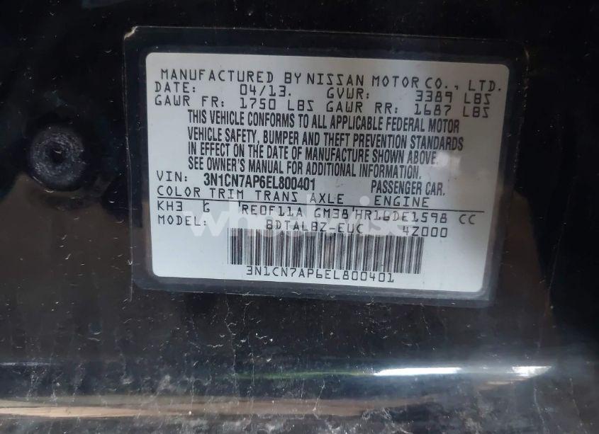 Photo 9 of 2014 Nissan Versa 1.6 SV (VIN 3N1CN7AP6EL800401)