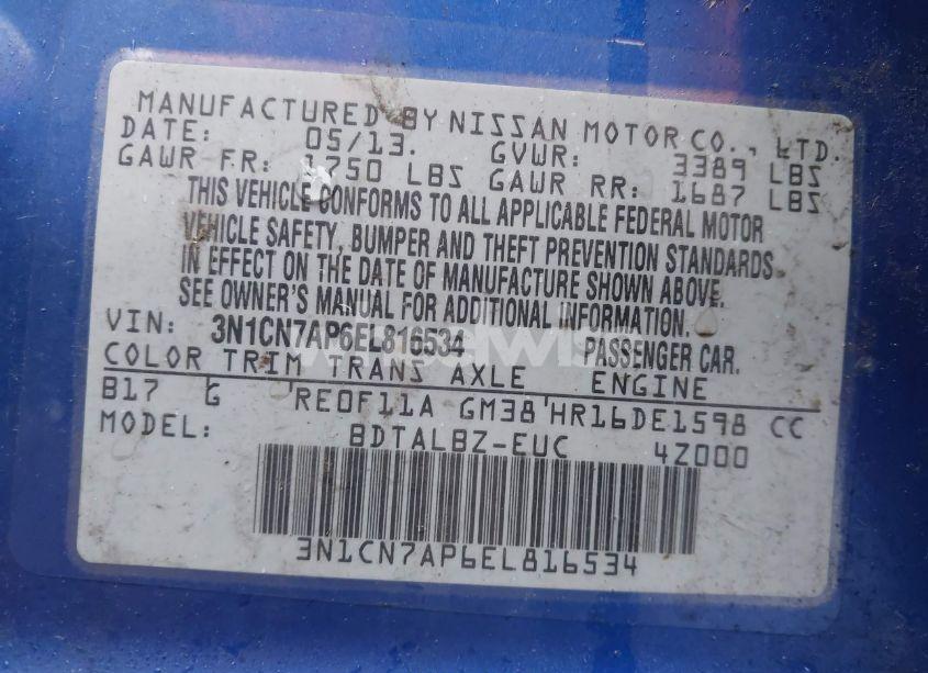 Photo 9 of 2014 Nissan Versa 1.6 SV (VIN 3N1CN7AP6EL816534)