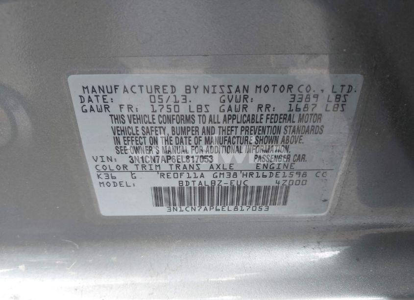 Photo 9 of 2014 Nissan Versa 1.6 SV (VIN 3N1CN7AP6EL817053)