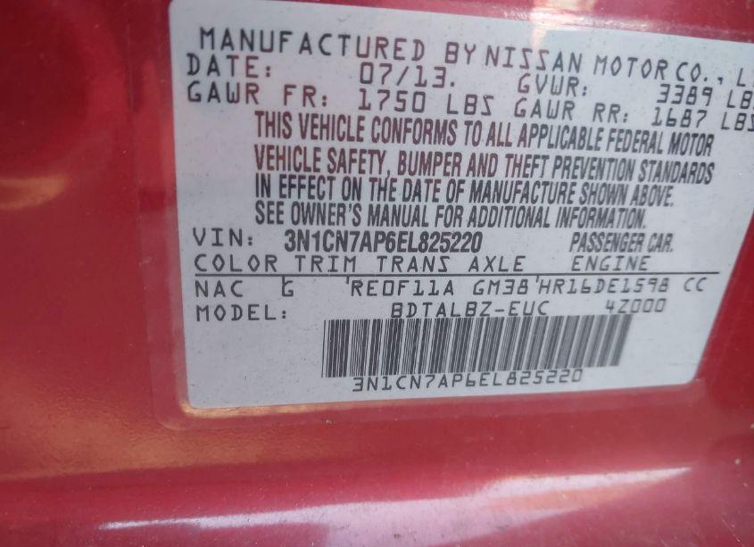 Photo 9 of 2014 Nissan Versa 1.6 SV (VIN 3N1CN7AP6EL825220)