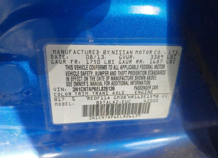 Photo 9 of 2014 Nissan Versa 1.6 S+ (VIN 3N1CN7AP6EL826139)