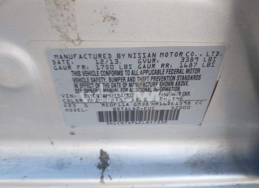 Photo 9 of 2014 Nissan Versa 1.6 S+ (VIN 3N1CN7AP6EL847332)