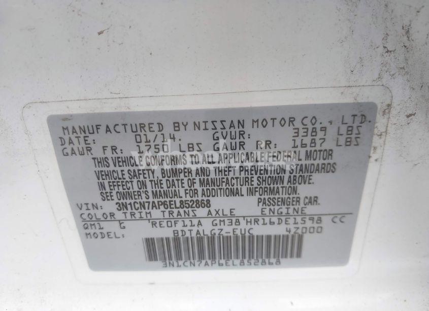 Photo 9 of 2014 Nissan Versa 1.6 SL (VIN 3N1CN7AP6EL852868)