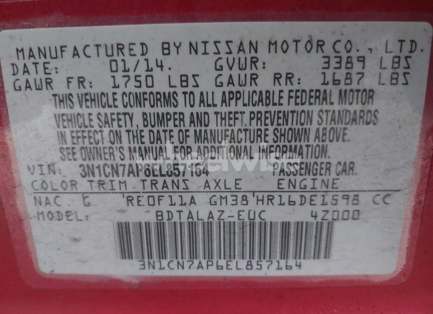 Photo 9 of 2014 Nissan Versa 1.6 S+ (VIN 3N1CN7AP6EL857164)