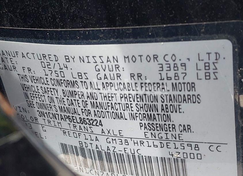 Photo 9 of 2014 Nissan Versa 1.6 S+ (VIN 3N1CN7AP6EL863224)