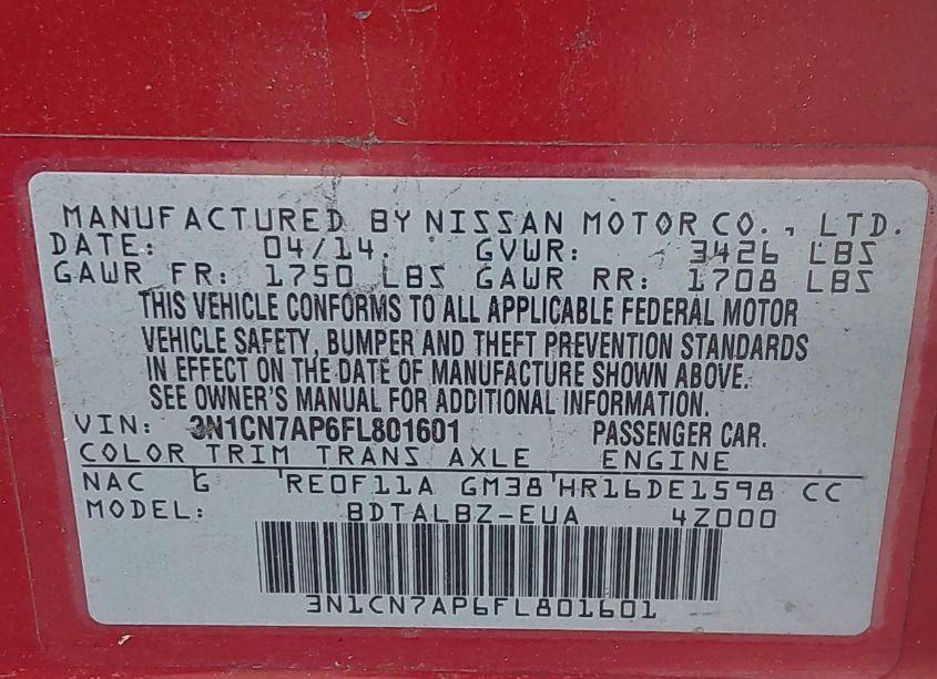 Photo 9 of 2015 Nissan Versa 1.6 SV (VIN 3N1CN7AP6FL801601)