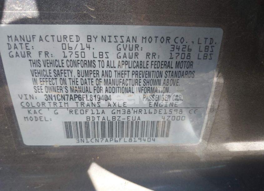 Photo 9 of 2015 Nissan Versa 1.6 SV (VIN 3N1CN7AP6FL819404)