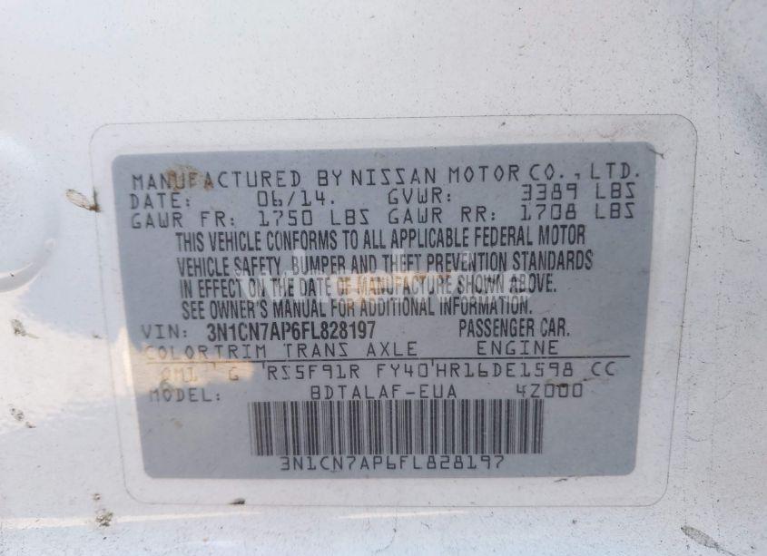 Photo 9 of 2015 Nissan Versa 1.6 S (VIN 3N1CN7AP6FL828197)