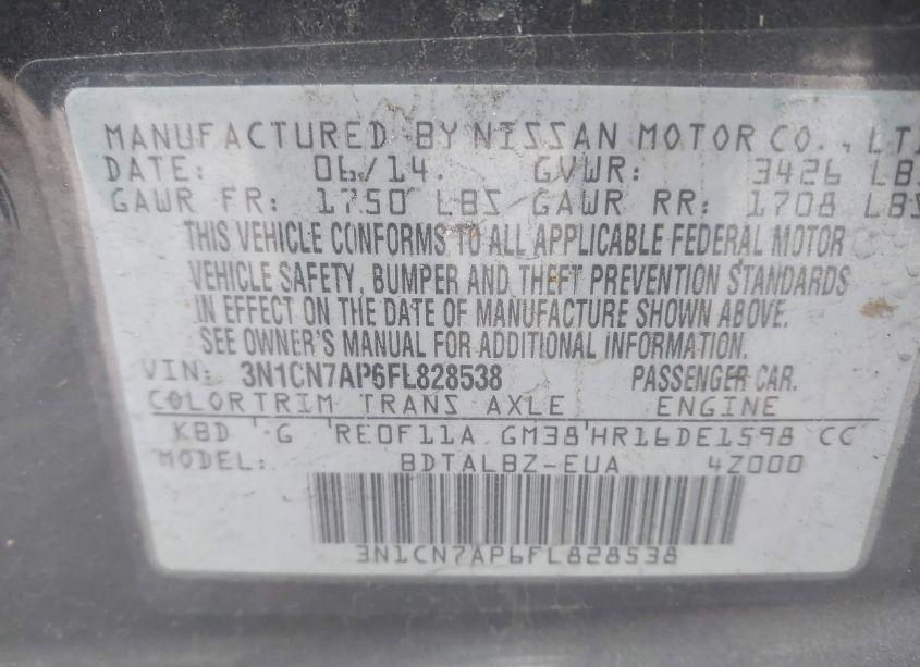 Photo 9 of 2015 Nissan Versa 1.6 SV (VIN 3N1CN7AP6FL828538)