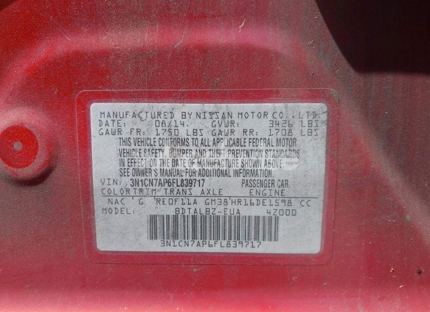 Photo 9 of 2015 Nissan Versa 1.6 S/1.6 S+/1.6 SL/1.6 SV (VIN 3N1CN7AP6FL839717)