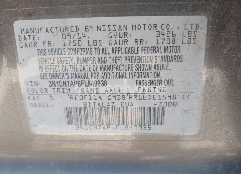 Photo 9 of 2015 Nissan Versa 1.6 S+ (VIN 3N1CN7AP6FL849938)
