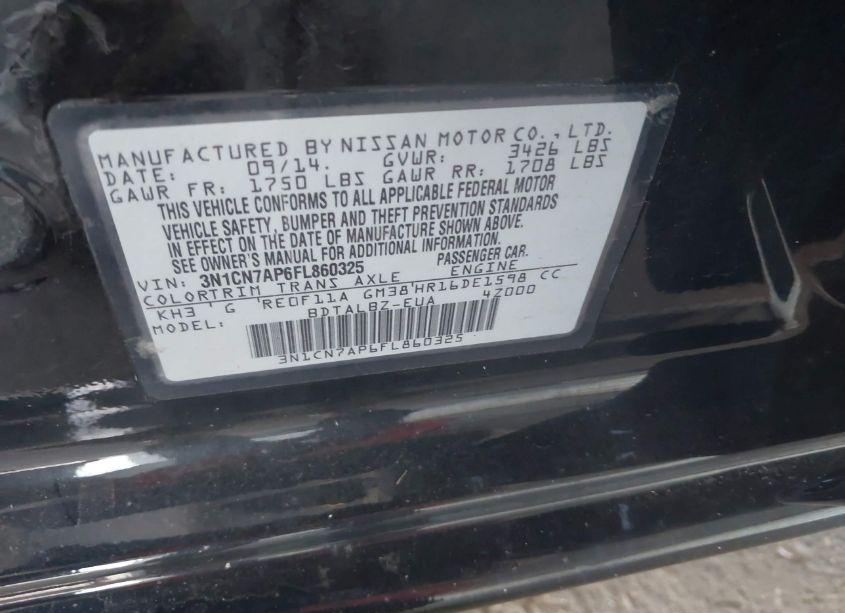 Photo 9 of 2015 Nissan Versa 1.6 S/1.6 S+/1.6 SL/1.6 SV (VIN 3N1CN7AP6FL860325)