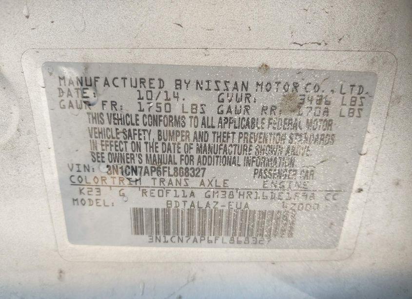 Photo 9 of 2015 Nissan Versa 1.6 S+ (VIN 3N1CN7AP6FL868327)