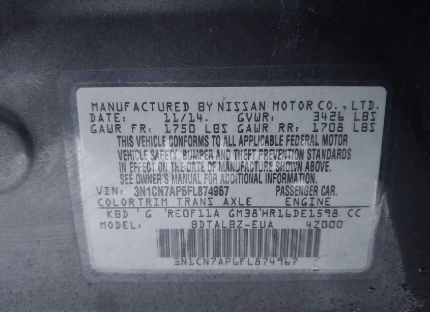 Photo 9 of 2015 Nissan Versa 1.6 SV (VIN 3N1CN7AP6FL874967)