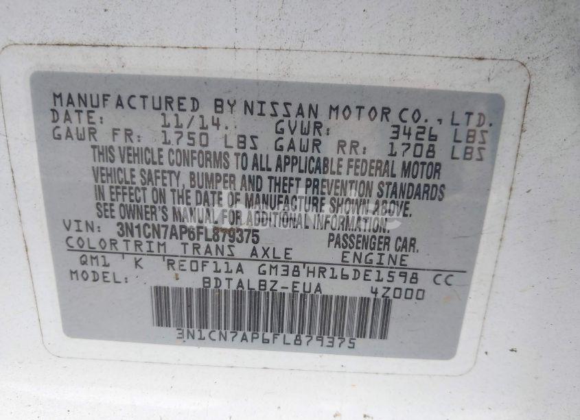 Photo 9 of 2015 Nissan Versa 1.6 S/1.6 S+/1.6 SL/1.6 SV (VIN 3N1CN7AP6FL879375)