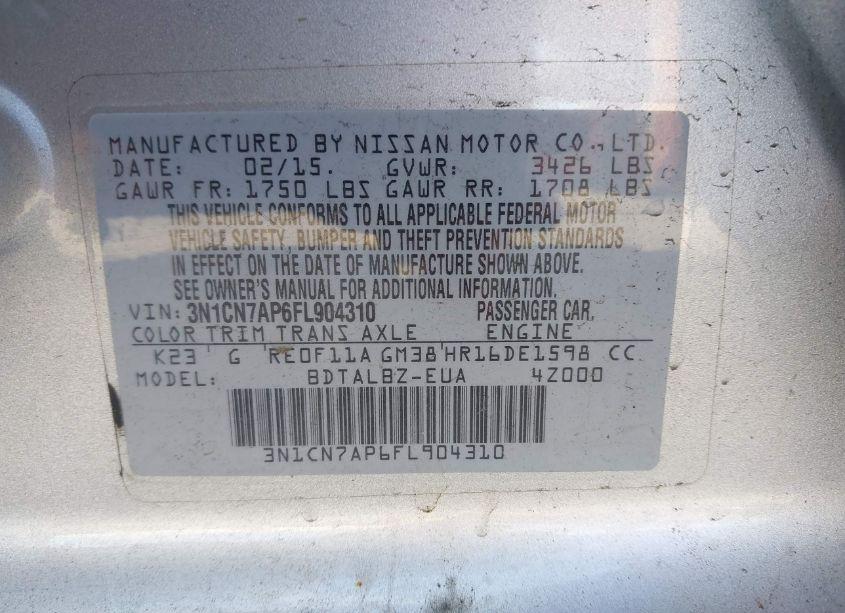 Photo 9 of 2015 Nissan Versa 1.6 SV (VIN 3N1CN7AP6FL904310)