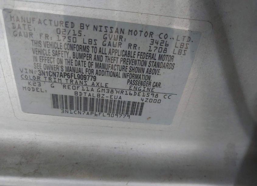 Photo 9 of 2015 Nissan Versa 1.6 S/1.6 S+/1.6 SL/1.6 SV (VIN 3N1CN7AP6FL909779)