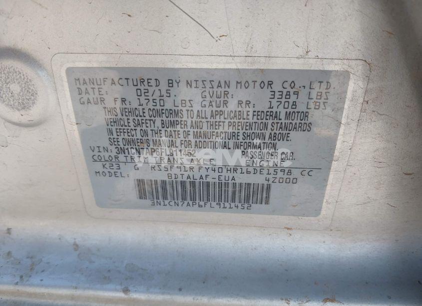 Photo 9 of 2015 Nissan Versa 1.6 S (VIN 3N1CN7AP6FL911452)