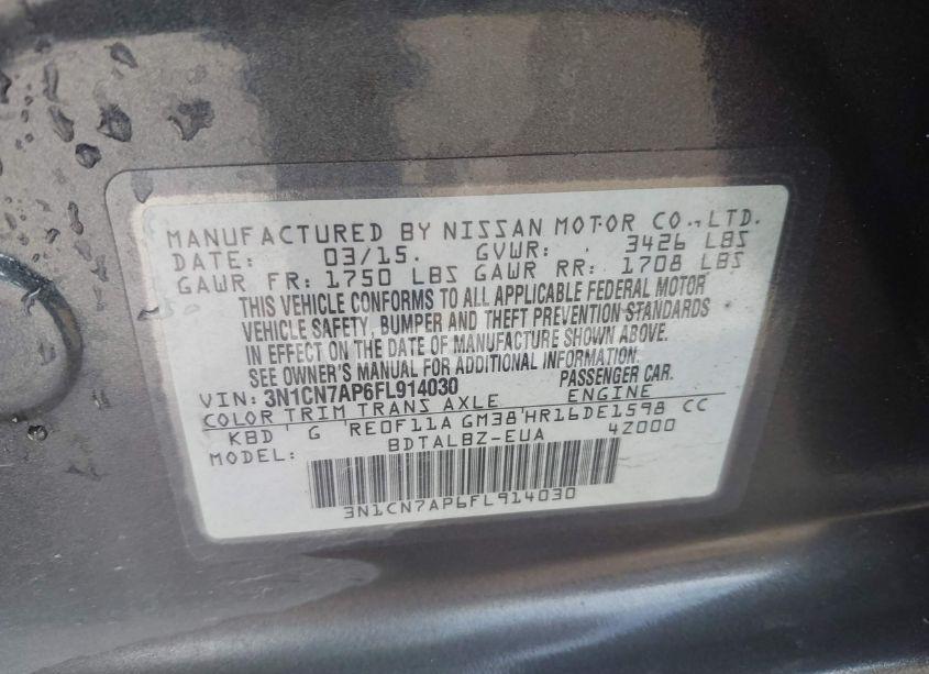 Photo 9 of 2015 Nissan Versa 1.6 SV (VIN 3N1CN7AP6FL914030)