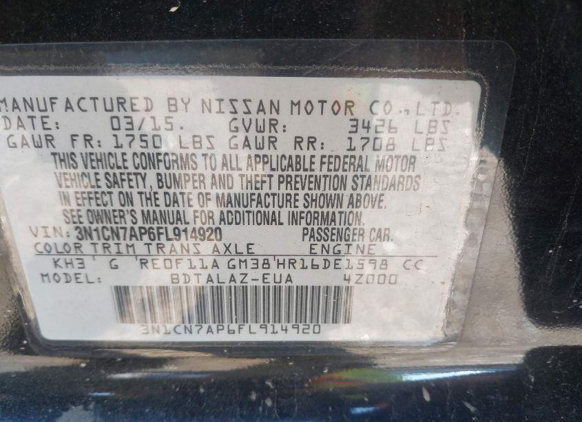 Photo 9 of 2015 Nissan Versa 1.6 S+ (VIN 3N1CN7AP6FL914920)