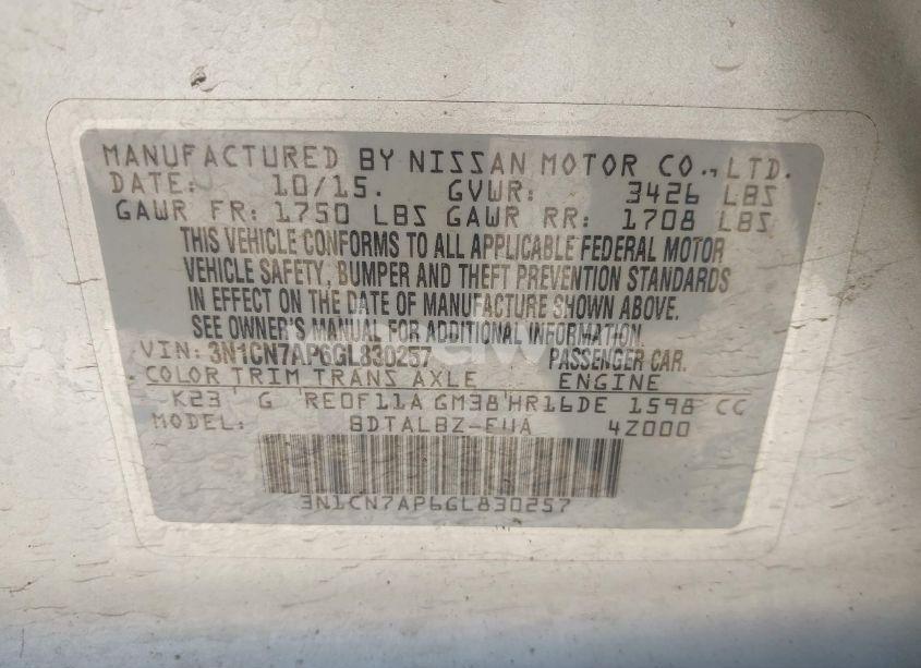 Photo 9 of 2016 Nissan Versa 1.6 SV (VIN 3N1CN7AP6GL830257)