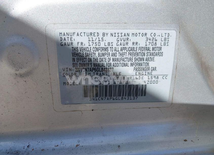 Photo 9 of 2016 Nissan Versa 1.6 S+ (VIN 3N1CN7AP6GL843137)