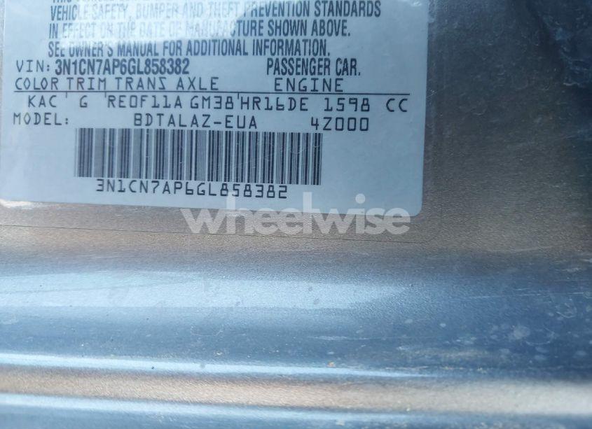 Photo 9 of 2016 Nissan Versa 1.6 S+ (VIN 3N1CN7AP6GL858382)