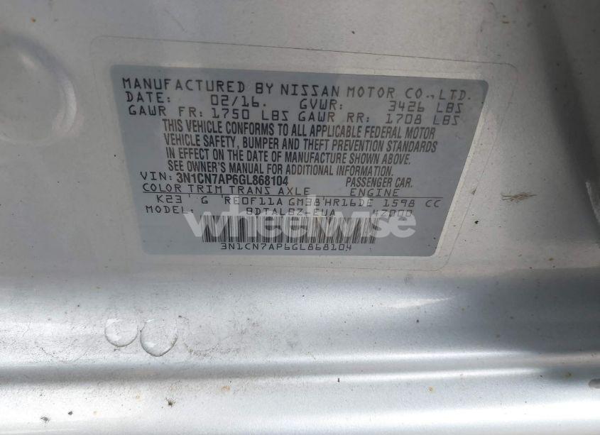 Photo 9 of 2016 Nissan Versa (VIN 3N1CN7AP6GL868104)