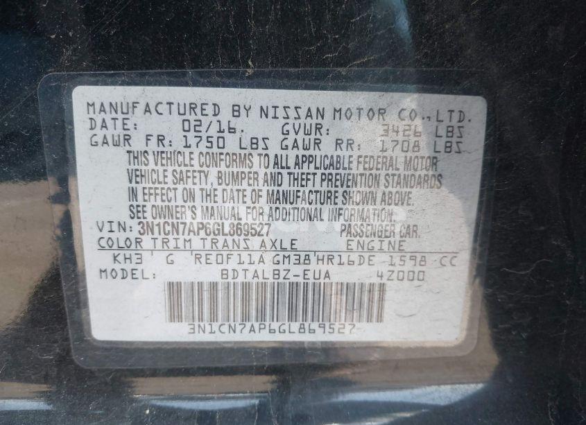 Photo 9 of 2016 Nissan Versa 1.6 S/1.6 S+/1.6 SL/1.6 SV (VIN 3N1CN7AP6GL869527)