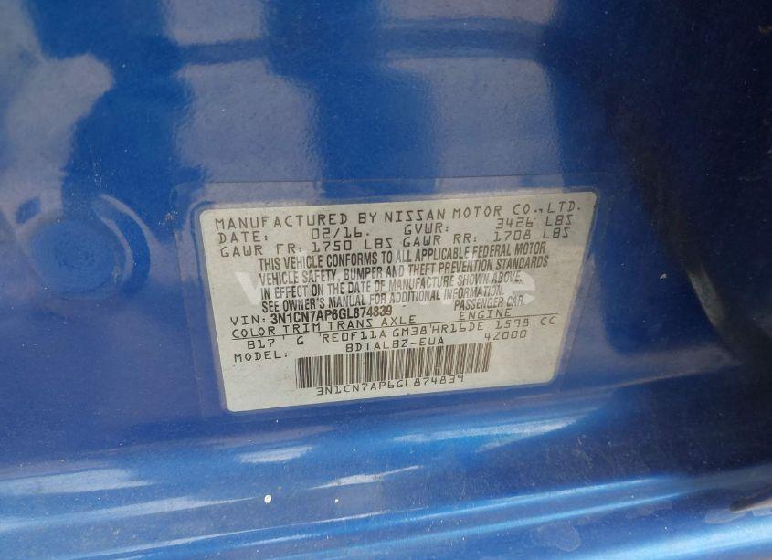 Photo 9 of 2016 Nissan Versa 1.6 S/1.6 S+/1.6 SL/1.6 SV (VIN 3N1CN7AP6GL874839)