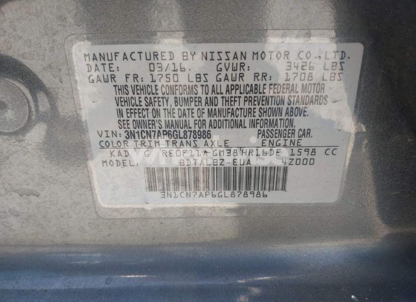 Photo 9 of 2016 Nissan Versa 1.6 SV (VIN 3N1CN7AP6GL878986)