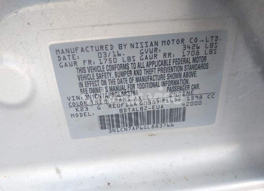 Photo 9 of 2016 Nissan Versa 1.6 SV (VIN 3N1CN7AP6GL883766)
