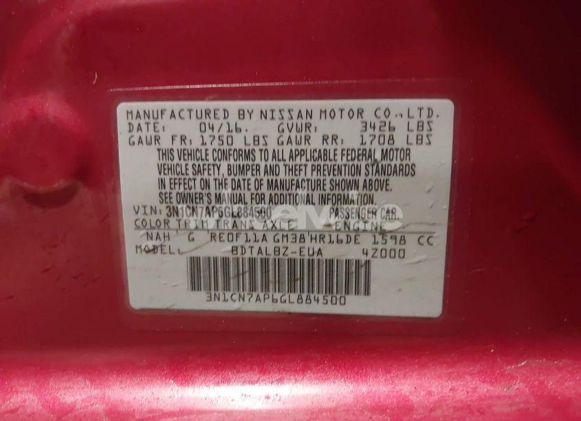 Photo 9 of 2016 Nissan Versa 1.6 S/1.6 S+/1.6 SL/1.6 SV (VIN 3N1CN7AP6GL884500)