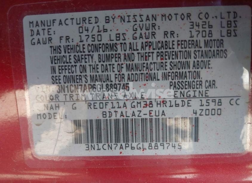 Photo 9 of 2016 Nissan Versa 1.6 S+ (VIN 3N1CN7AP6GL889745)