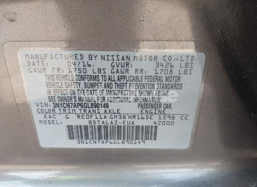 Photo 9 of 2016 Nissan Versa 1.6 S+ (VIN 3N1CN7AP6GL890149)