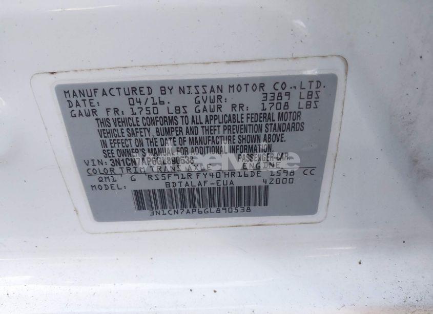 Photo 9 of 2016 Nissan Versa 1.6 S (VIN 3N1CN7AP6GL890538)