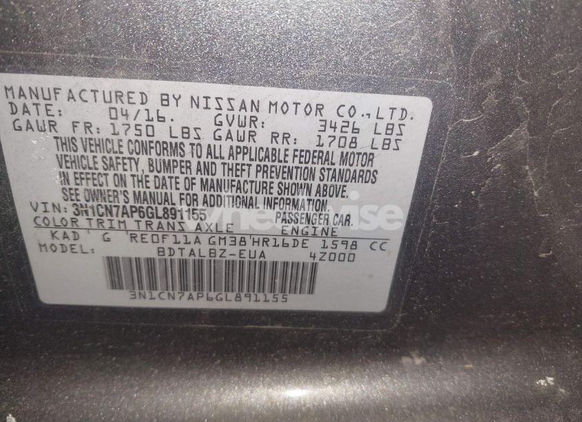 Photo 9 of 2016 Nissan Versa 1.6 S/1.6 S+/1.6 SL/1.6 SV (VIN 3N1CN7AP6GL891155)