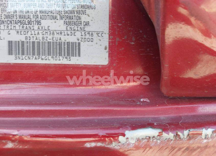 Photo 9 of 2016 Nissan Versa 1.6 S/1.6 S+/1.6 SL/1.6 SV (VIN 3N1CN7AP6GL901795)