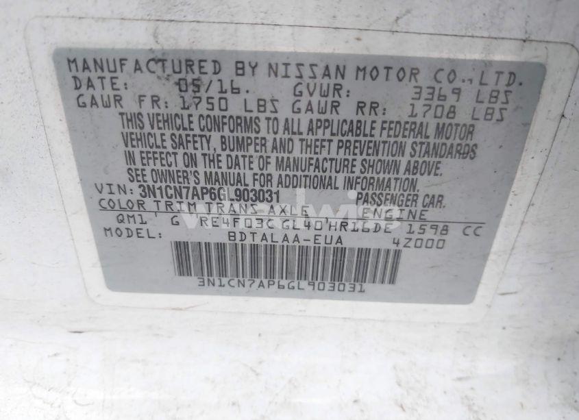 Photo 9 of 2016 Nissan Versa 1.6 S (VIN 3N1CN7AP6GL903031)