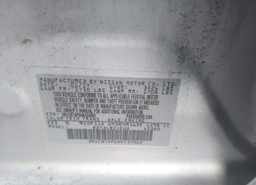 Photo 9 of 2017 Nissan Versa 1.6 SV (VIN 3N1CN7AP6HK434062)