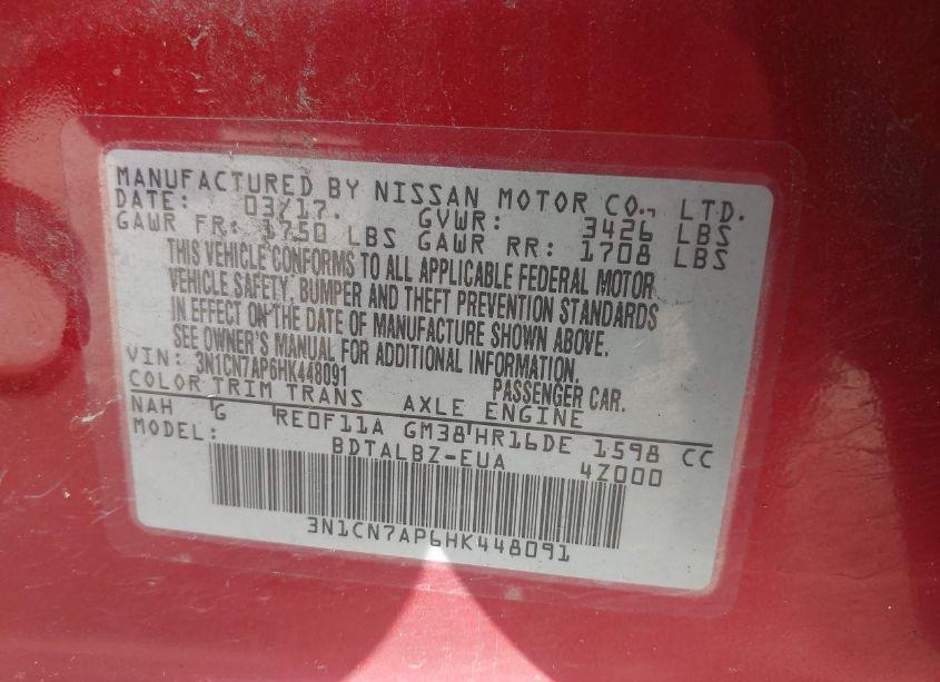 Photo 9 of 2017 Nissan Versa 1.6 SV (VIN 3N1CN7AP6HK448091)