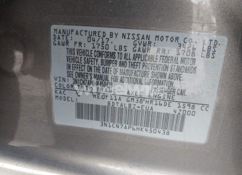 Photo 9 of 2017 Nissan Versa 1.6 SV (VIN 3N1CN7AP6HK450438)