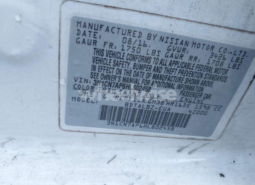 Photo 9 of 2017 Nissan Versa 1.6 SV (VIN 3N1CN7AP6HL802458)