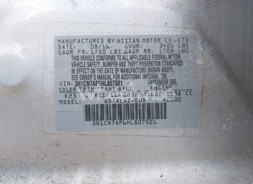 Photo 9 of 2017 Nissan Versa 1.6 S+ (VIN 3N1CN7AP6HL807501)