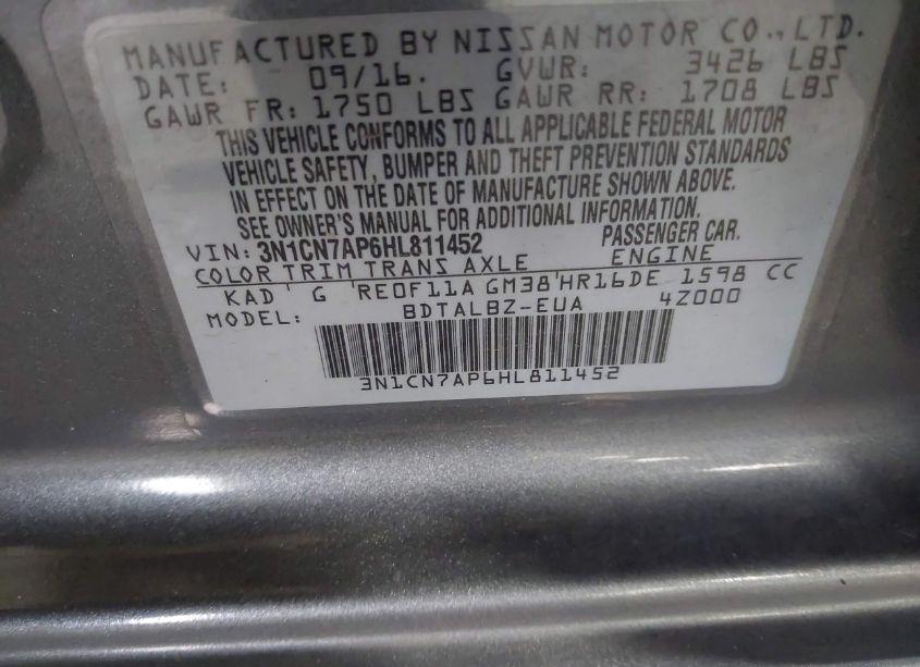 Photo 9 of 2017 Nissan Versa 1.6 SV (VIN 3N1CN7AP6HL811452)