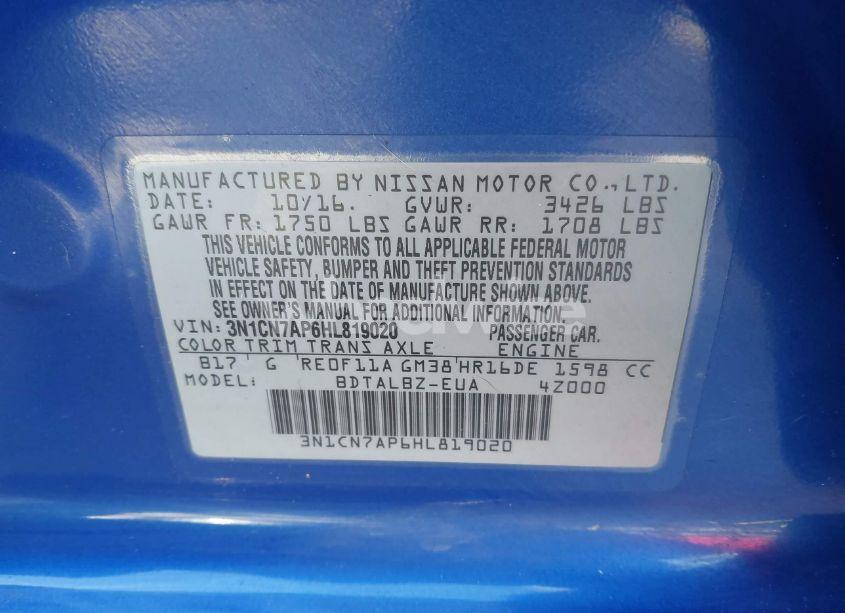 Photo 9 of 2017 Nissan Versa 1.6 SV (VIN 3N1CN7AP6HL819020)