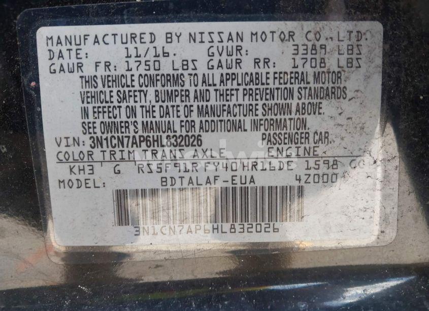 Photo 9 of 2017 Nissan Versa 1.6 S (VIN 3N1CN7AP6HL832026)