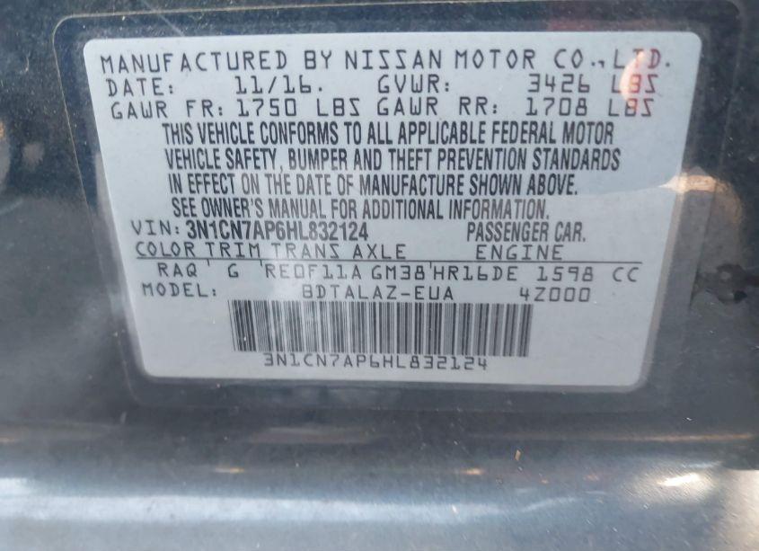 Photo 9 of 2017 Nissan Versa 1.6 S+ (VIN 3N1CN7AP6HL832124)